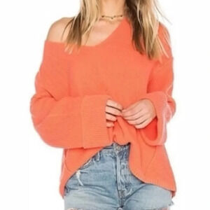 FREE PEOPLE La Brea Oversized Heavy Knit V-Neck Ribbed Sweater in Coral Small